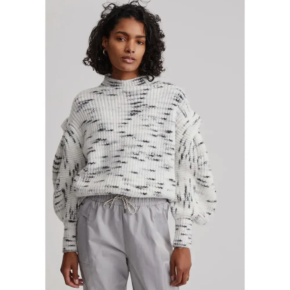 Varley Belgrave Mock Neck Ruffle Balloon Sleeve Knit Sweater Dalmation Large